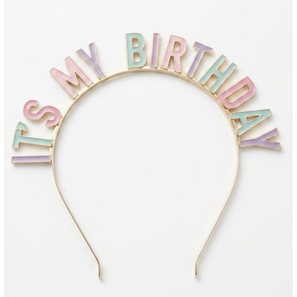 NWOT "It's My Birthday" Metal Headband Gold Pastel Enamel Tiara Crown Party